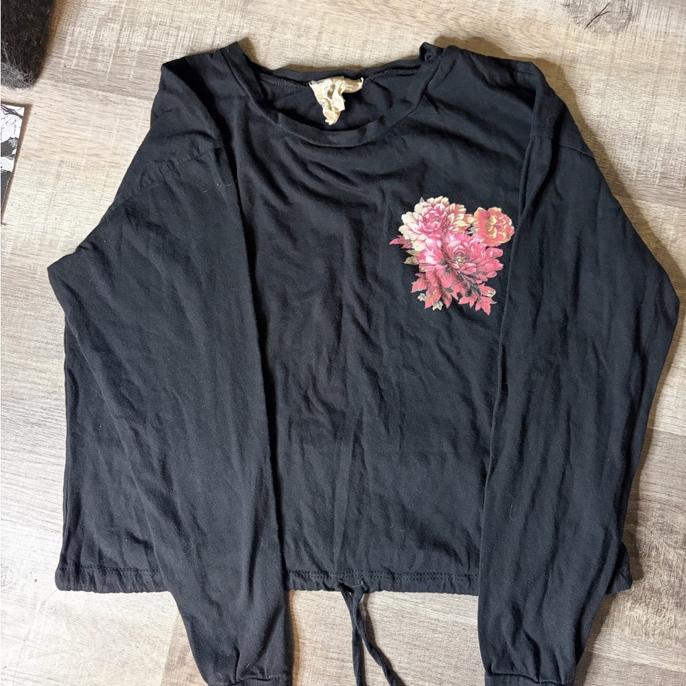 French Pastry Black Top with Pink Floral Accent